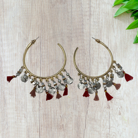 Vintage Y2K Bohemian Tassel Dangle Hoop Earrings Pierced Gold Tone Carded Hippie - Picture 1 of 4